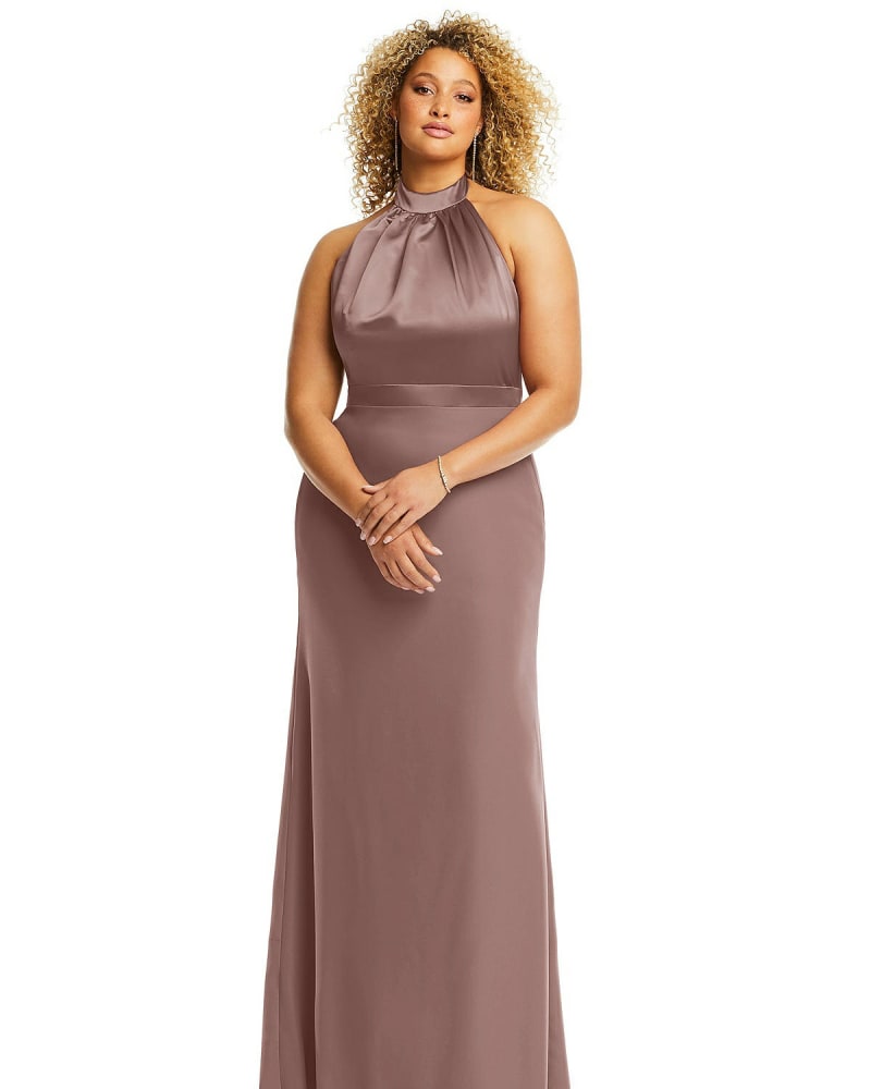 Front of a model wearing a size 18W High-Neck Open-Back Maxi Dress with Scarf Tie in Sienna by After Six. | dia_product_style_image_id:266981